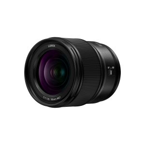 The black Panasonic Lumix S 18mm f/1.8 lens is shown in an angle of view, highlighting its glass elements, focus ring and AF/MF switch on the side.