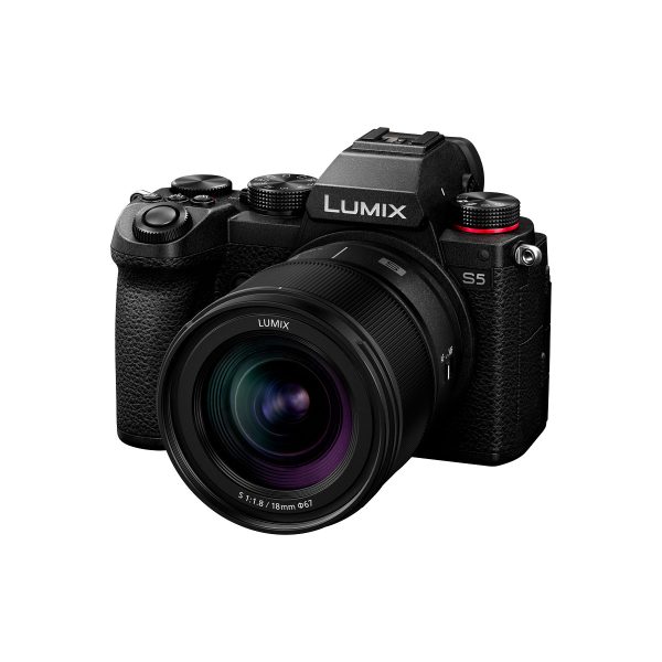 The black Panasonic Lumix S5 mirrorless camera with Panasonic Lumix S 18mm f/1.8 lens, textured grip and control dials is shown on a white background.