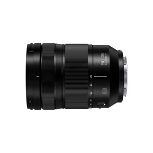 The Panasonic Lumix S 24-105mm f/4 Macro O.I.S. lens is visible from the side against a white background, and features zoom and focus rings, focal length markings, a lock switch and "24-105" and "S" markings.