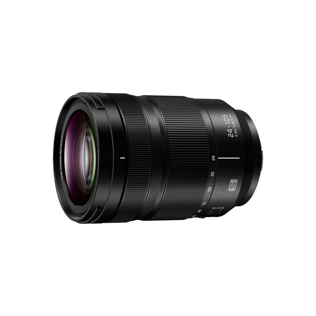 The Panasonic Lumix S 24-105mm f/4 Macro O.I.S. lens, with zoom and focus rings, textured grip and visible front elements, appears black against a white background.
