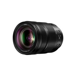 The black Panasonic Lumix S 24-105mm f/4 Macro O.I.S. lens, with purple and green glass reflections, appears on a white background.