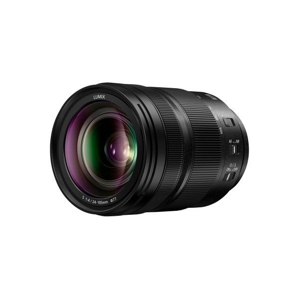 The black Panasonic Lumix S 24-105mm f/4 Macro O.I.S. lens, with purple and green glass reflections, appears on a white background.