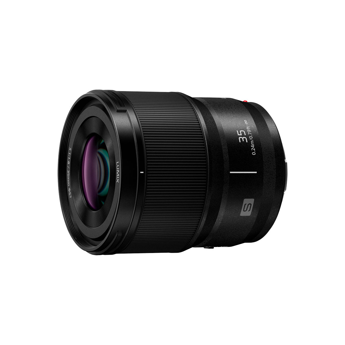The black Panasonic Lumix S 35mm f/1.8 lens with a wide front element is shown facing left on a white background.