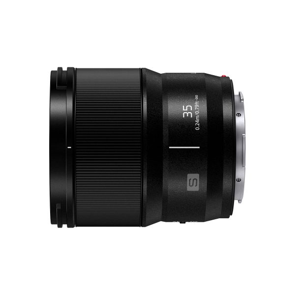 Side view of the Panasonic Lumix S 35mm f/1.8 lens, showing the markings "35" and "0.24m/0.79ft" on the right side, ribbed focus ring and metal lens mount.
