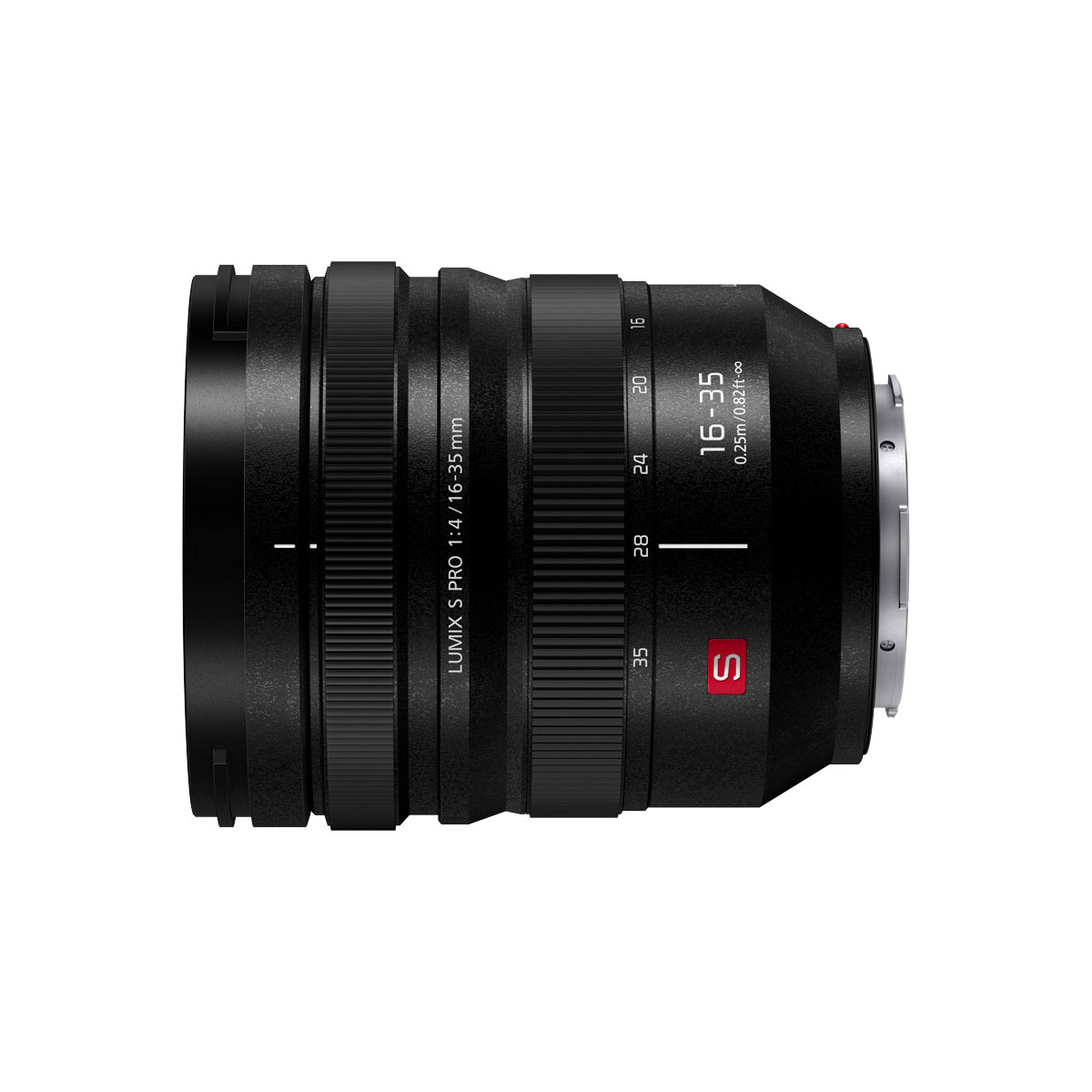 Musta Panasonic Lumix S 16-35mm f/4 -objektiivi näkyy valkoisella pohjalla, ja siinä on näkyvät tarkennus- ja zoomausrenkaat, polttovälin merkinnät ja erottuva punainen S-merkki.
