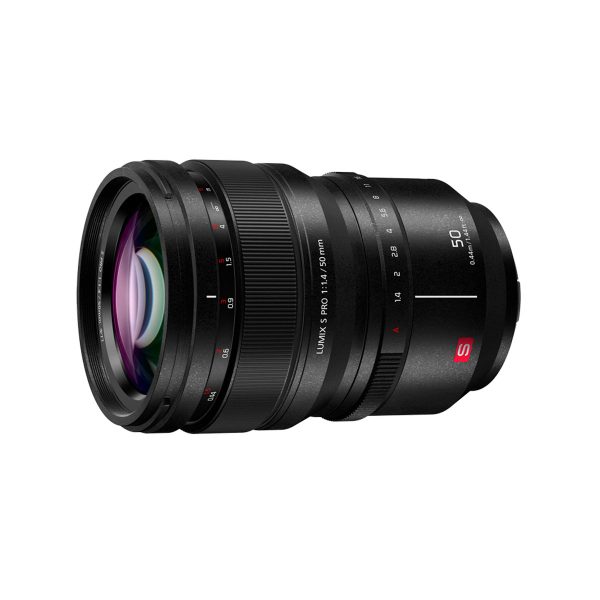 Lumix_S_Pro_50mm_003 The Panasonic Lumix S Pro 50mm f/1.4 lens appears on a white background, with a textured focus ring and the red S logo near the lens mount.