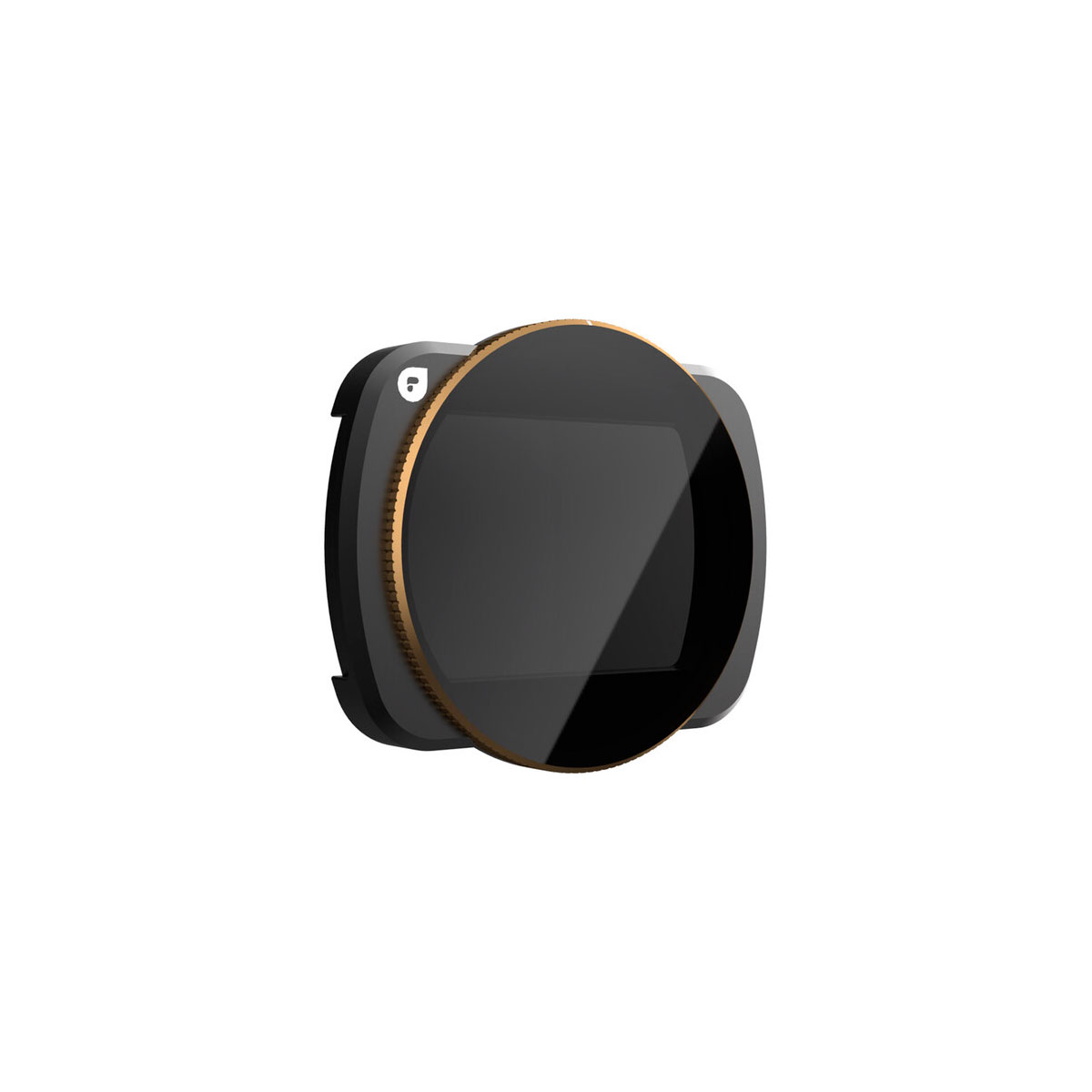 PP_CP_OsmoPocket3_001 PolarPro Osmo Pocket 3 Circular Polarizer -suodattimessa on pyöreä musta lasinen etuosa, jossa on kullanvärinen reunus, ja se on kiinnitetty mustaan suorakulmaiseen kiinnikkeeseen, ja se näkyy valkoista taustaa vasten.