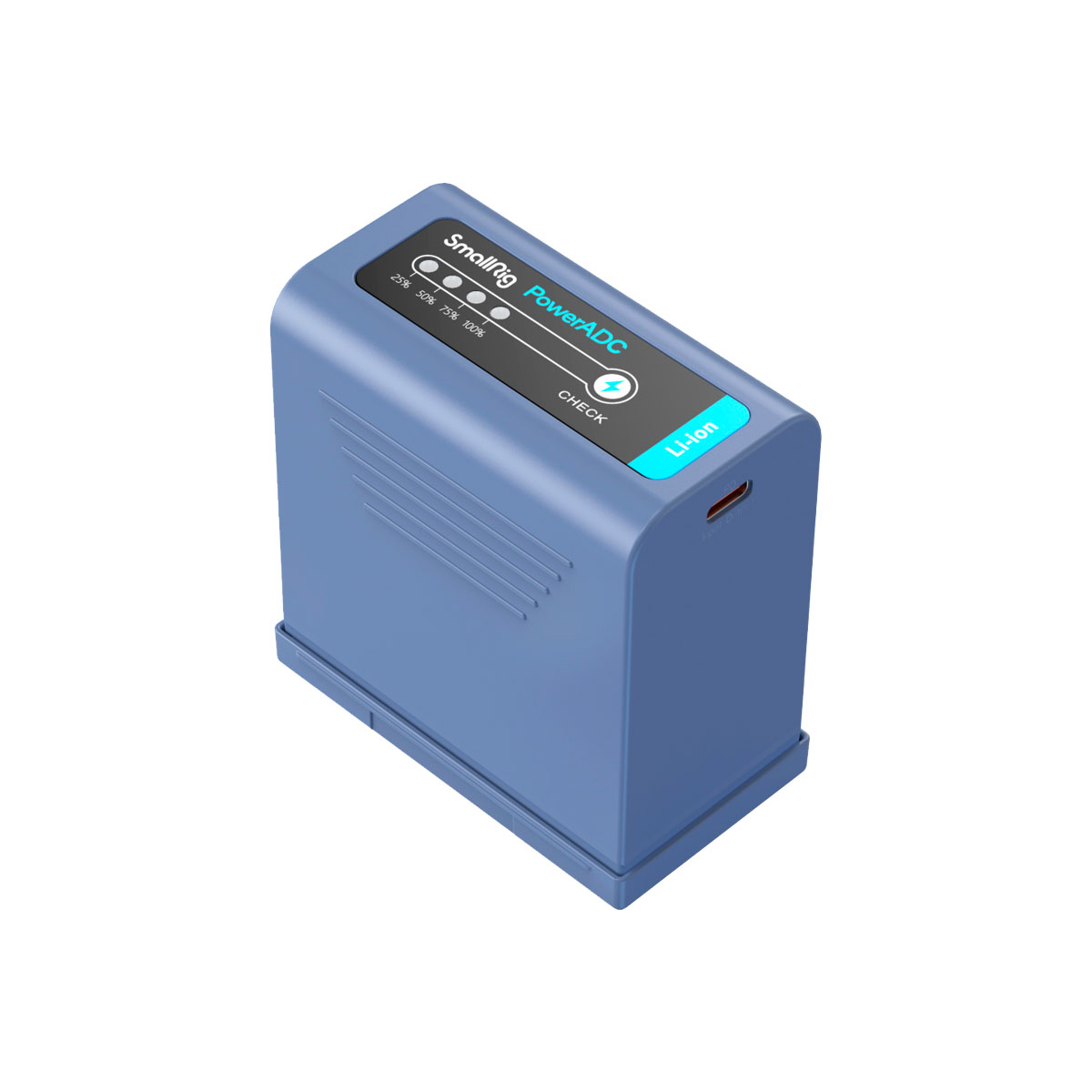 Sininen suorakaiteen muotoinen SmallRig 4267 USB-C ladattava kamera-akku NP-F970, jossa on USB-C-latausportti ja merkkivalot päällä.