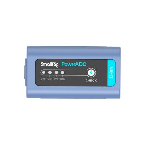 Rectangular blue SmallRig 4267 USB-C rechargeable camera battery NP-F970 with a black panel with four white indicator lights (25 %, 50 %, 75 %, 100 %) and a circular Check button next to the flash symbol.