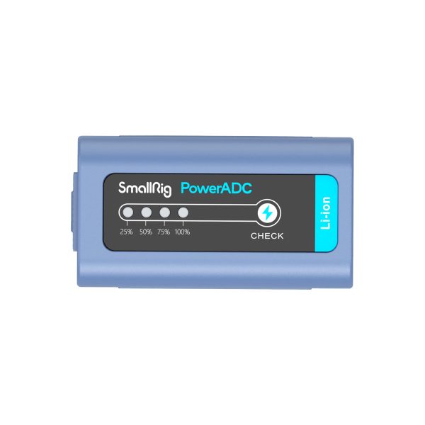 Rectangular blue SmallRig 4267 USB-C rechargeable camera battery NP-F970 with a black panel with four white indicator lights (25 %, 50 %, 75 %, 100 %) and a circular Check button next to the flash symbol.