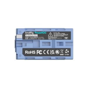 Blue SmallRig 4267 USB-C rechargeable camera battery NP-F970 for Sony cameras with lithium-ion technology, certification logos and warning text on the label.