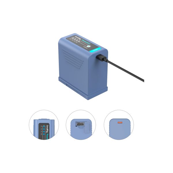 The blue SmallRig 4267 USB-C rechargeable camera battery NP-F970 has a digital display and power cord. Three close-ups highlight the display, USB-C port and battery side view.