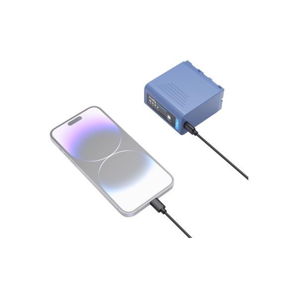 The smartphone paired with a blue SmallRig 4267 USB-C rechargeable camera battery NP-F970 with charging cable, both on a white background.