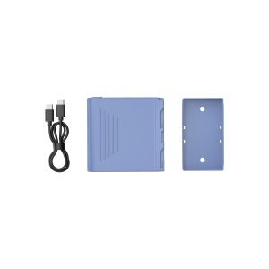 The SmallRig 4267 USB-C rechargeable camera battery NP-F970, with a light blue rectangular plastic case in two parts, is displayed next to a black USB-C charging cable on a white background.
