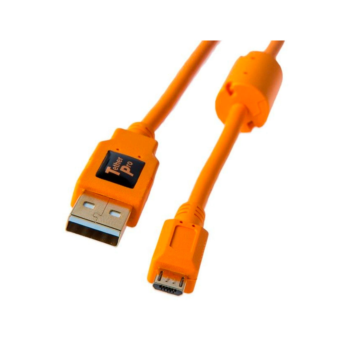 Tether_usb2_micro Tether Tools TetherPro USB 2.0 Type-A-Micro-USB-kaapeli on 4,6 metriä pitkä, siinä on oranssi muotoilu ja USB-A-liittimessä on merkintä "Tablet Pro".