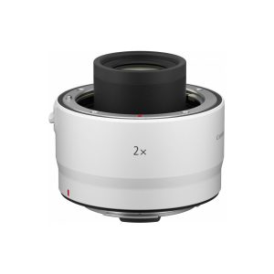 The Canon RF Extender 2x, a white teleconverter that doubles the focal length of compatible lenses, is shown on a white background.
