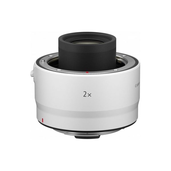 The Canon RF Extender 2x, a white teleconverter that doubles the focal length of compatible lenses, is shown on a white background.