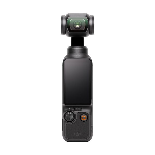 dji_osmo_pocket_3_04 DJI Osmo Pocket 3 -videokamera on kompakti musta käsikamera, jossa on yläosassa gimbaalikiinnitteinen objektiivi, suuri keskusnäyttö ja näytön alapuolella olevat ohjauspainikkeet.