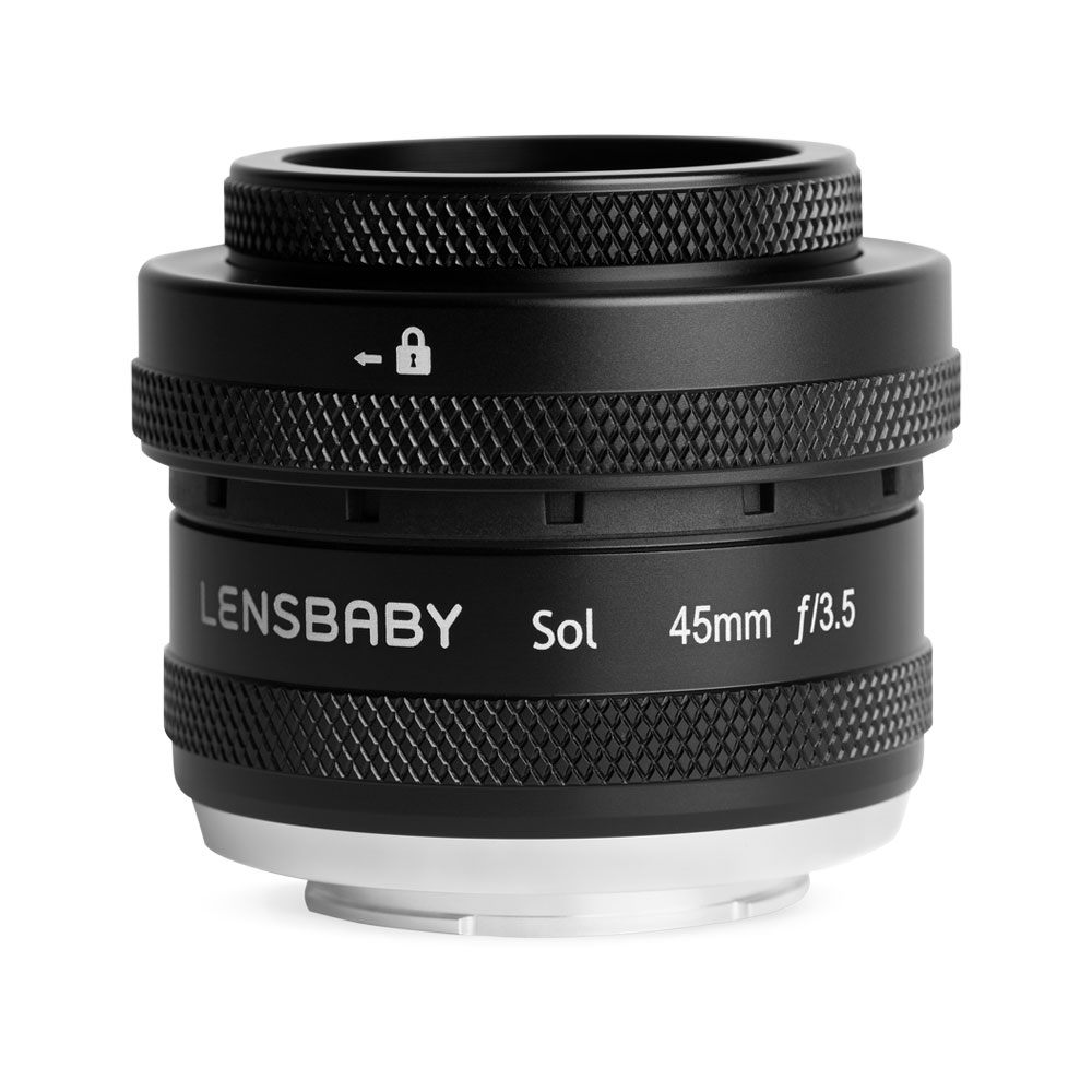 The black Lensbaby Sol 45 for Sony E camera lens stands upright on a white background, with its make and model clearly visible on its body.