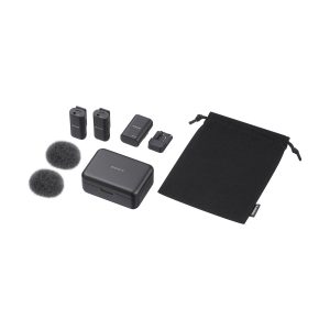 The Sony ECM-W3 wireless microphone system includes two transmitters, a receiver, two windscreens, a charging case with cable and a black drawstring bag, all shown on a white background.