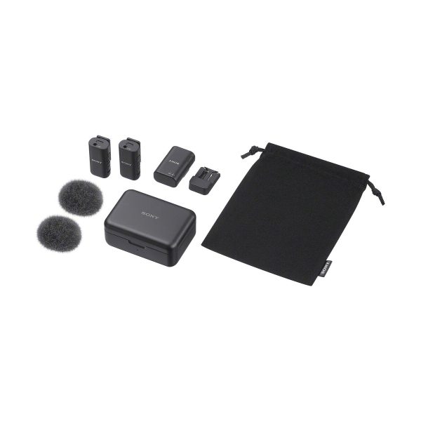 The Sony ECM-W3 wireless microphone system includes two transmitters, a receiver, two windscreens, a charging case with cable and a black drawstring bag, all shown on a white background.