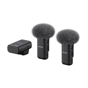 Sony ECM-W3 wireless microphone system: two black microphones with grey windscreens and a black wireless receiver, presented against a white background.