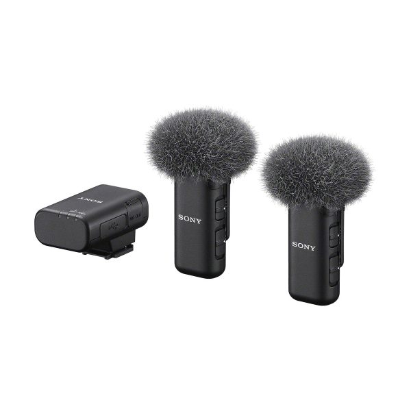 Sony ECM-W3 wireless microphone system: two black microphones with grey windscreens and a black wireless receiver, presented against a white background.