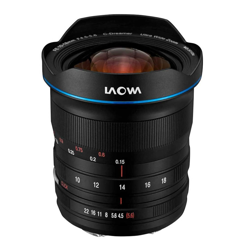 The Laowa 10-18mm f/4.5-5.6 for Nikon Z features a wide front glass, black body, blue accent ring and white and red markings for focusing distance and aperture. The lens bears the Laowa trademark.