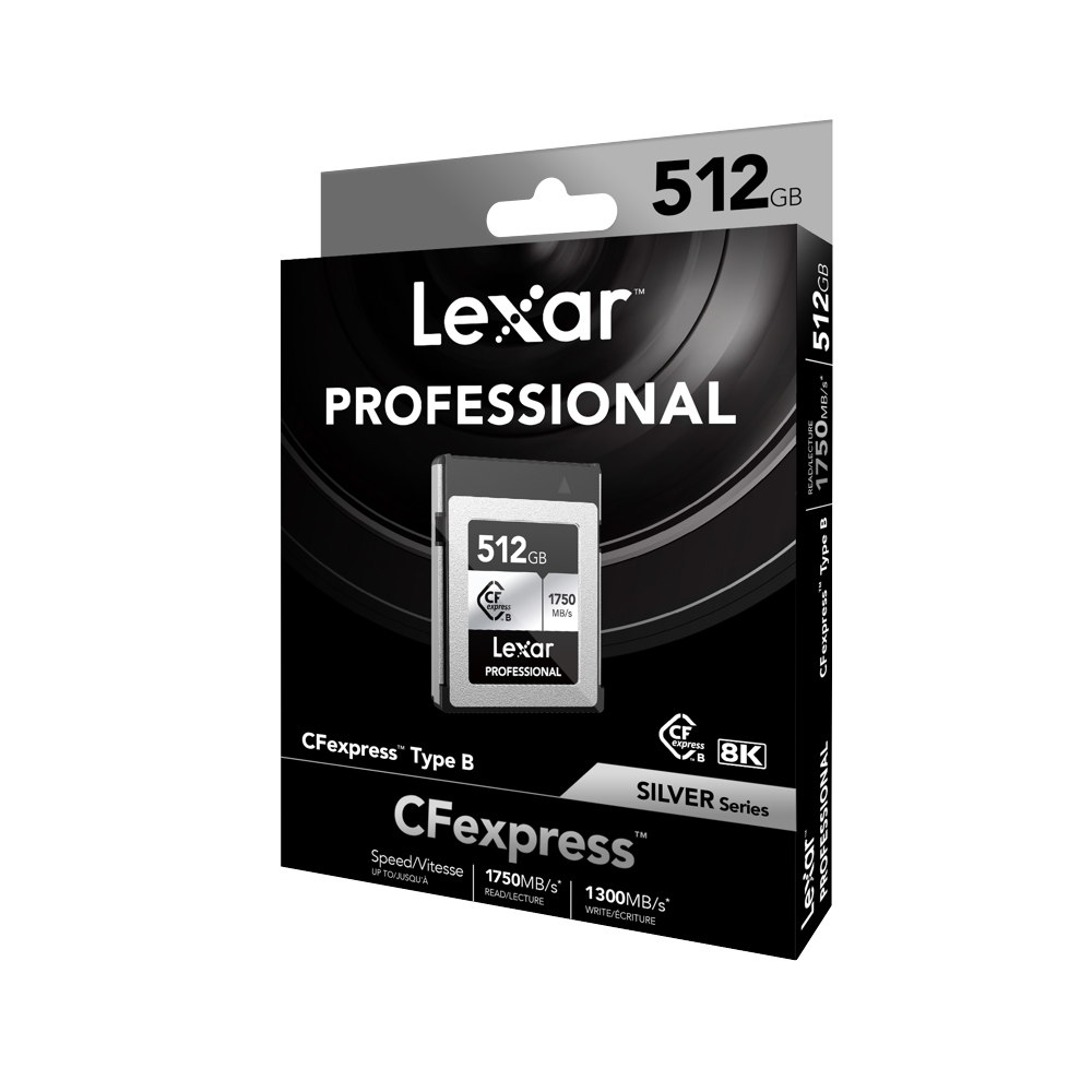 Lexar CFexpress Pro Silver Serie R1750/W1300 512GB -muistikortti vähittäismyyntipakkauksessa, mustana ja hopeisena, korostaa nopeuksia jopa 1750MB/s luku- ja 1300MB/s kirjoitusnopeutta sekä 8K-videotukea.