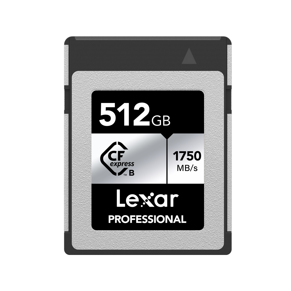 Lexar CFexpress Pro Silver Serie R1750/W1300 512GB -muistikortti näkyy valkoisella pohjalla, ja siinä on 512 Gt:n kapasiteetti ja jopa 1750 MB/s lukunopeus.