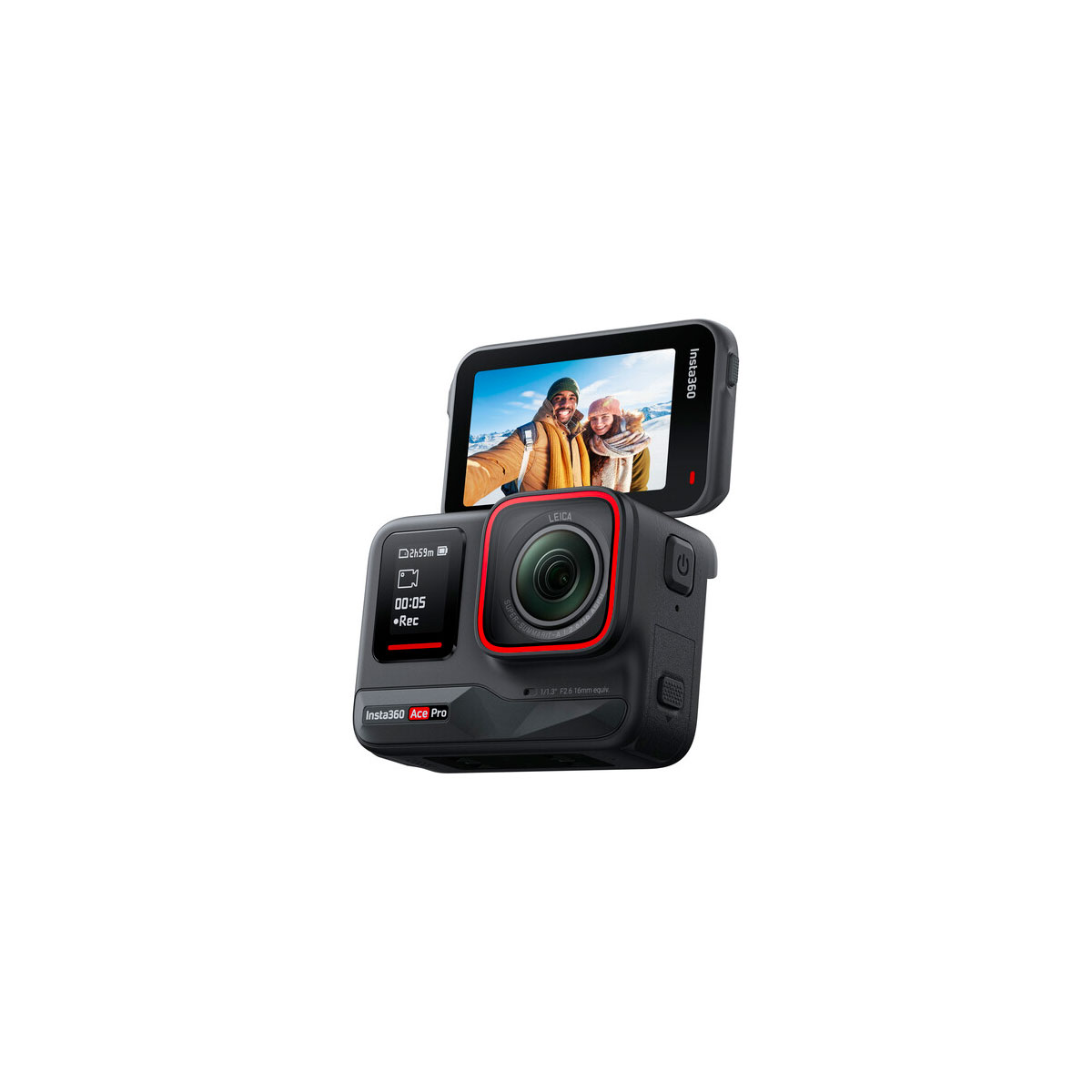 Mustassa Insta360 Ace Pro 8K Actionkamera -mallissa, jossa on punainen korostus ja kaksi infonäyttöä, on etulinssi ja ylös käännettävä näyttö, kun se kuvaa hymyilevää henkilöä ottamassa selfietä ulkona.