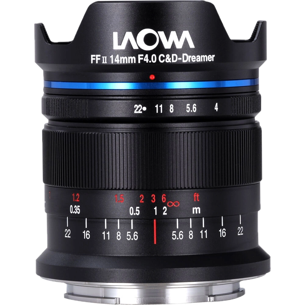 Laowa 14mm f/4 FF RL Zero-D (black) - The Leica M lens stands upright, with focus and aperture markings, blue accent ring and brand logo on a black backlight guard.