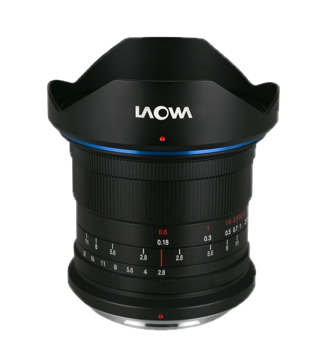 The Laowa 19mm f/2.8 Zero-D lens for Fuji GFX features a black body, blue accent ring and white and red markings against a white background.