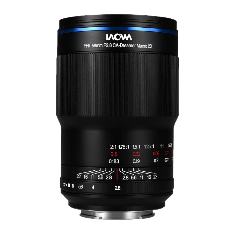 Musta Laowa 58mm f/2.8 2X Ultra Macro APO - Canon RF -objektiivi seisoo pystyasennossa valkoisella taustalla, ja sen tarkennus- ja aukkomerkinnät näkyvät.