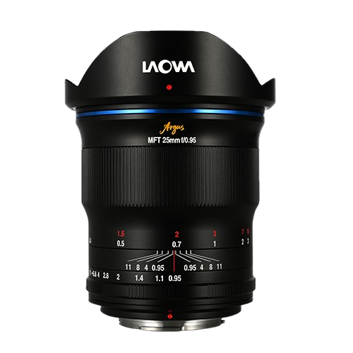 Laowa Argus 25mm f/0.95 APO - MFT lens, black with blue and orange highlights, aperture and focus markings and petal-shaped hood, shown against a light background.