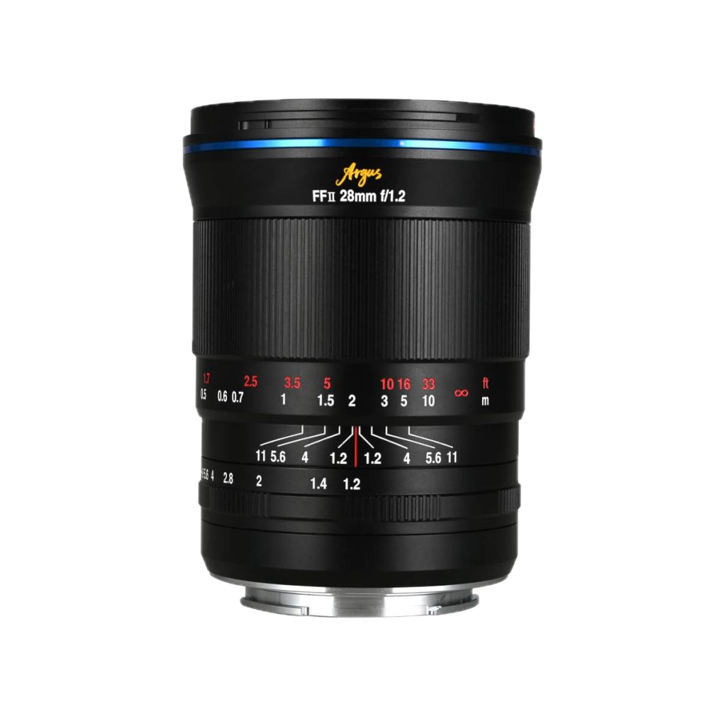 The black Laowa Argus 28mm f/1.2 FF lens for Sony FE with aperture and focus markings stands upright on a white background.