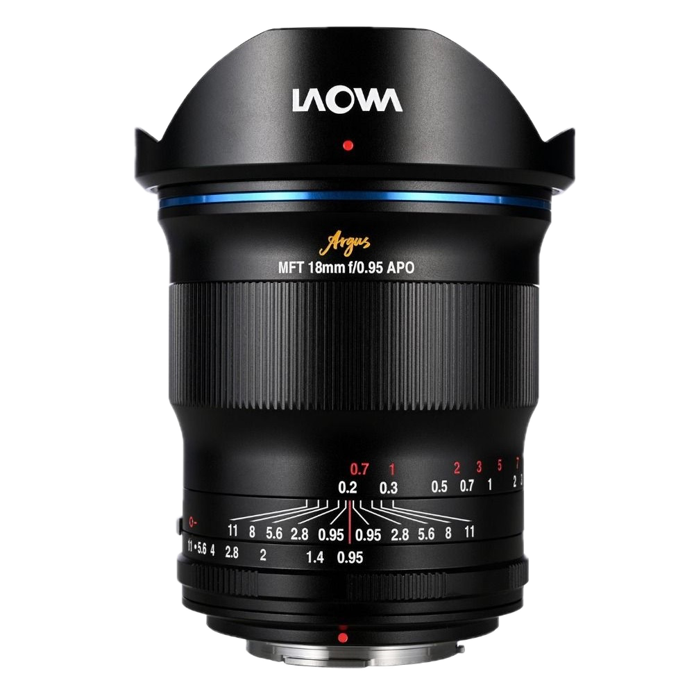 The Laowa Argus 18mm f/0.95 APO - MFT lens stands upright against a white background, with its focus and aperture markings clearly visible.