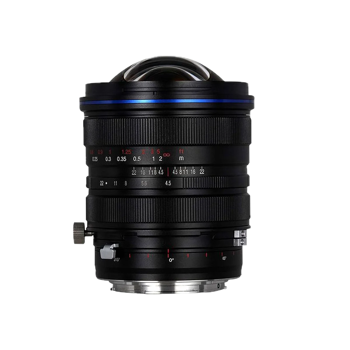 Laowa 15mm f/4.5 Zero-D Shift NEW - Canon RF -objektiivissa on musta runko, jossa on useita tarkennusrenkaita ja aukkorenkaita, punaiset ja valkoiset etäisyys- ja aukkomerkinnät sekä kiiltävä lasielementti valkoisella pohjalla.
