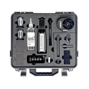 PMI SmokeGENIE - Professional is supplied in a black carrying case with custom foam inserts that conveniently organize the main unit, accessories, attachments, bottles, cleaning kit and all essential components.