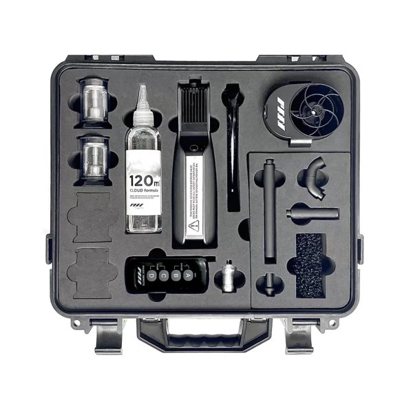 PMI SmokeGENIE - Professional is supplied in a black carrying case with custom foam inserts that conveniently organize the main unit, accessories, attachments, bottles, cleaning kit and all essential components.