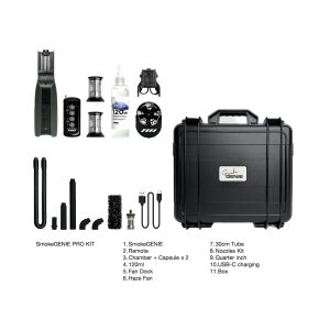 The PMI SmokeGENIE - Professional kit contains the smoker, remote control, chambers, 120 ml bottle, ventilation blanket, mist fan, tubes, nozzles, 1/4" adapter, USB-C cable and black carrying case.