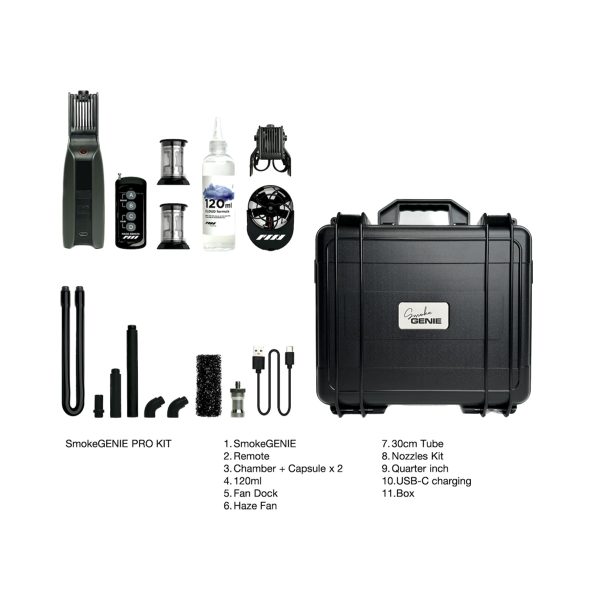 The PMI SmokeGENIE - Professional kit contains the smoker, remote control, chambers, 120 ml bottle, ventilation blanket, mist fan, tubes, nozzles, 1/4" adapter, USB-C cable and black carrying case.