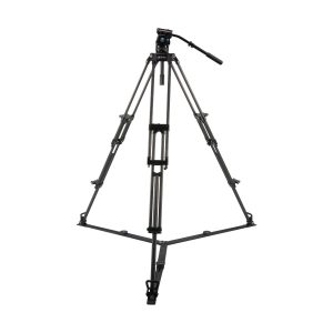 Sirui BCT-2203 + BCH-10 Kit on musta ammattikäyttöön tarkoitettu videostatiivi, jossa on säädettävät jalat, nestepää ja vaakasuora panorointikahva, kuvassa valkoisella pohjalla.