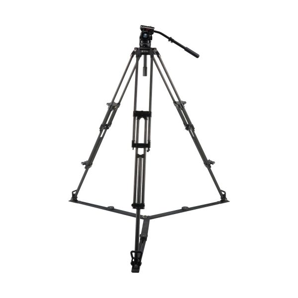 Sirui BCT-2203 + BCH-10 Kit on musta ammattikäyttöön tarkoitettu videostatiivi, jossa on säädettävät jalat, nestepää ja vaakasuora panorointikahva, kuvassa valkoisella pohjalla.