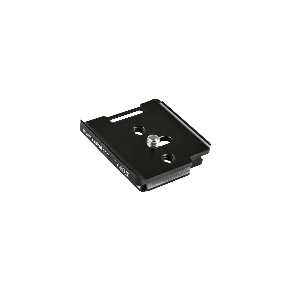 Sirui Quick Release Plate TY-5D II -pikalevy on musta metallinen kiinnike, jossa on keskimmäinen kierteitetty ruuvi ja kaksi ylimääräistä reikää kameroiden kiinnittämiseen jalustoihin tai tukiin.