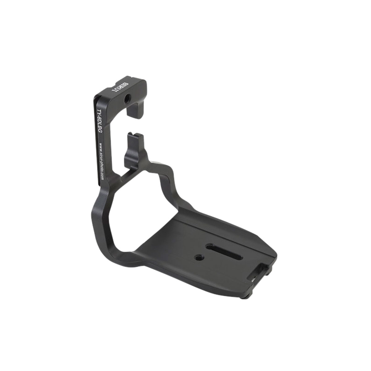 Sirui Quick Release Plate TY-6D LBG -pikalevy on musta metallinen L-muotoinen kiinnike, jossa on litteä pohja, pystytuki ja useita aukkoja kiinnitystä ja säätöä varten, kuvassa valkoista taustaa vasten.