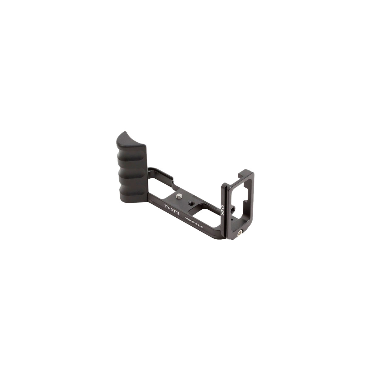 The Sirui Quick Release Plate TY-XT1L is a black metal camera grip holder with a textured grip that improves the stability of the handheld camera, shown on a white background.