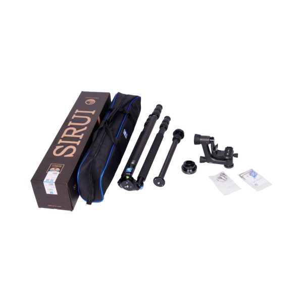 Sirui R-3213X Carbon fibre tripod + PH-10 Gimbal head kit, including tripod, carrying case, gimbal head, mounting plate, instructions and original packaging in white.