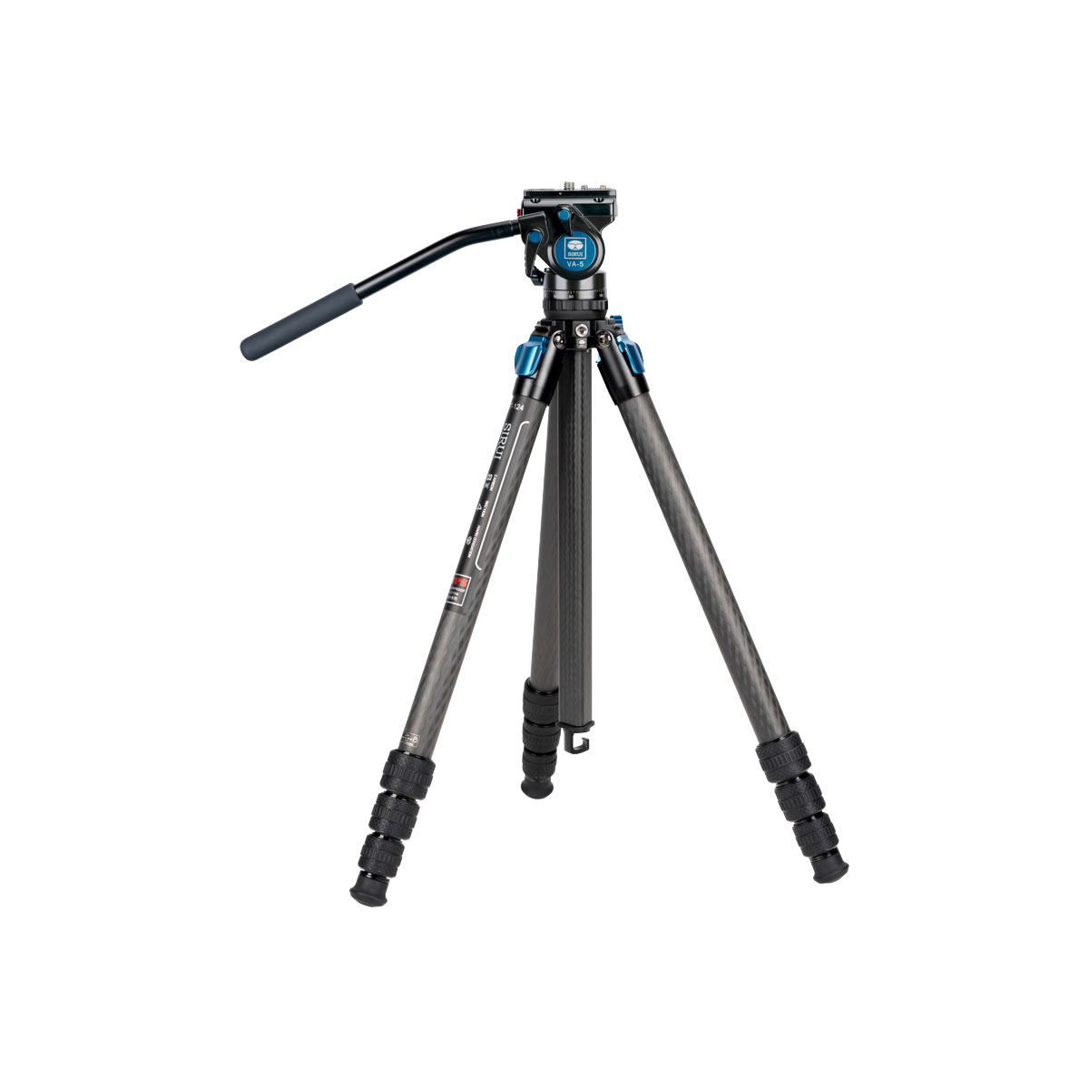 Sirui ST-124 Carbon fibre tripod + VA-5 Video head, a black and silver camera tripod with adjustable feet and pan handle, is shown against a white background.