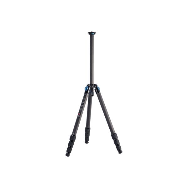 The Sirui ST-224 carbon fibre tripod is a black carbon fibre tripod with three extended legs, a locking mechanism in each segment, blue accents near the top and a central bar, shown on a white background.